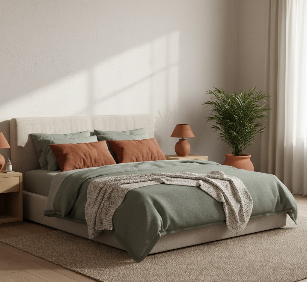 Serene bedroom with warm tones and textures